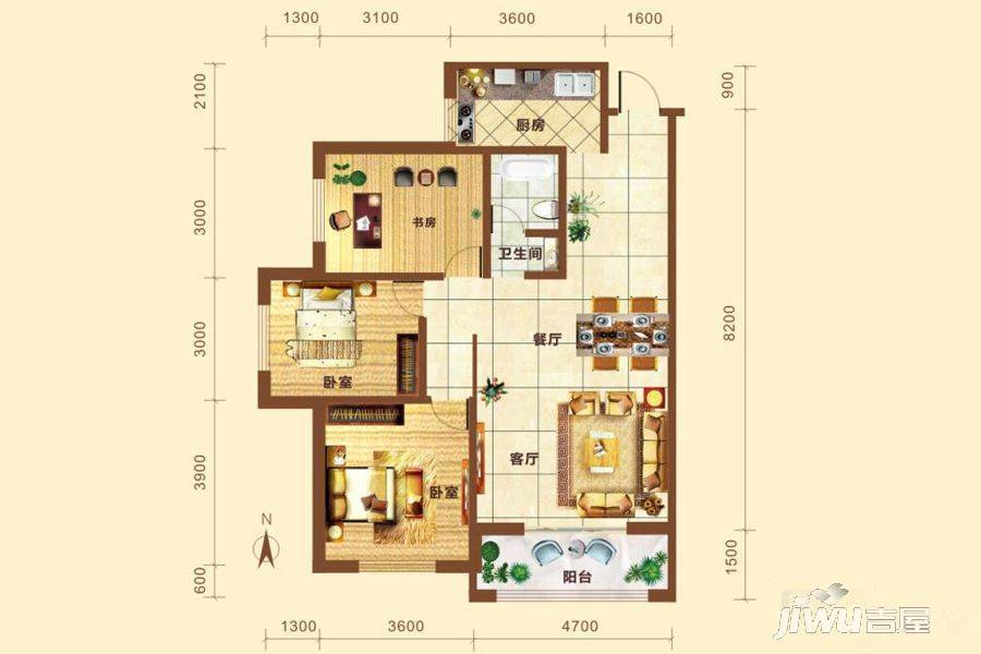 重邦康城3室2厅1卫124.2㎡户型图